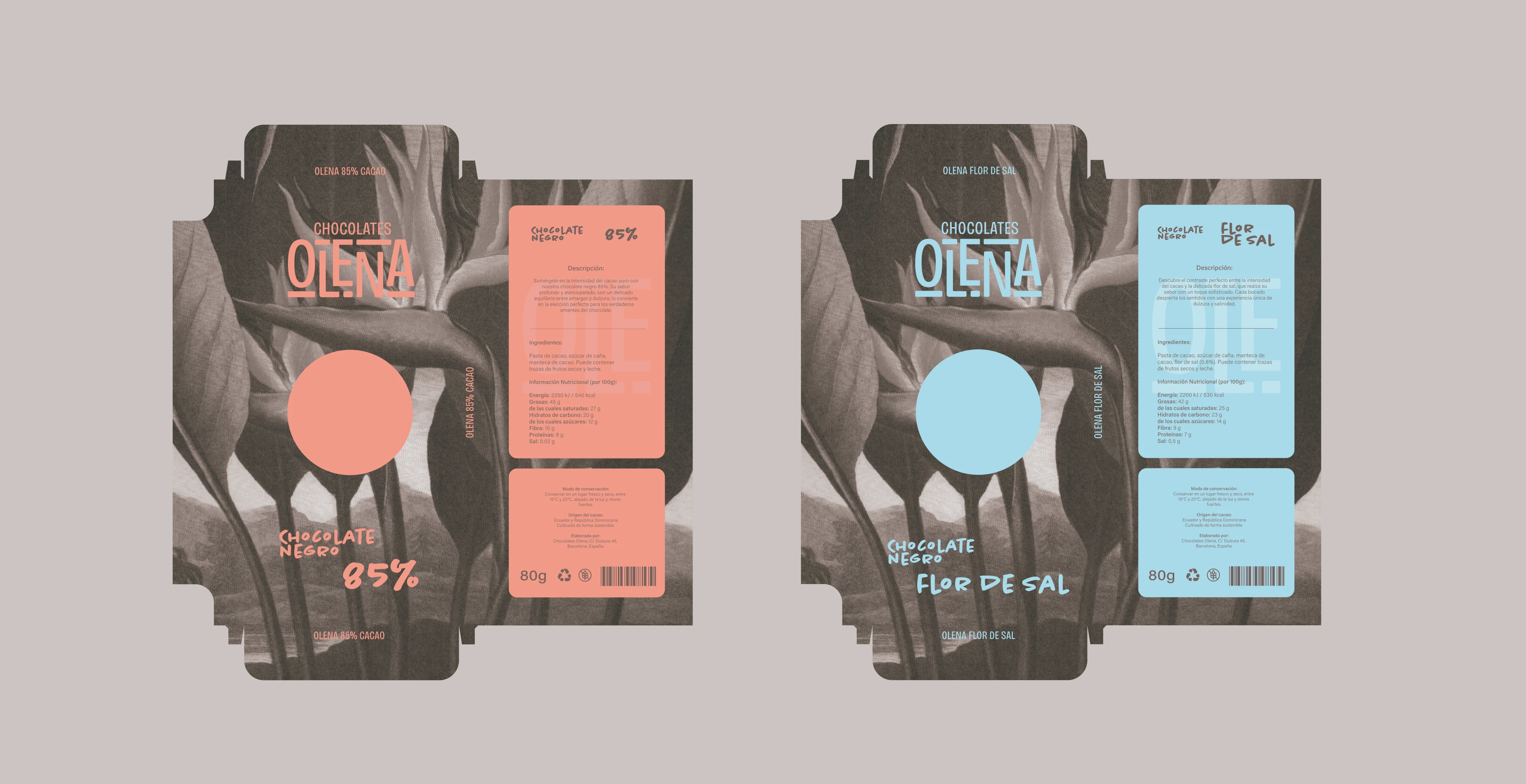 Troquel de packaging con diseño en tonos grises y detalles de color sobre fondo marrón