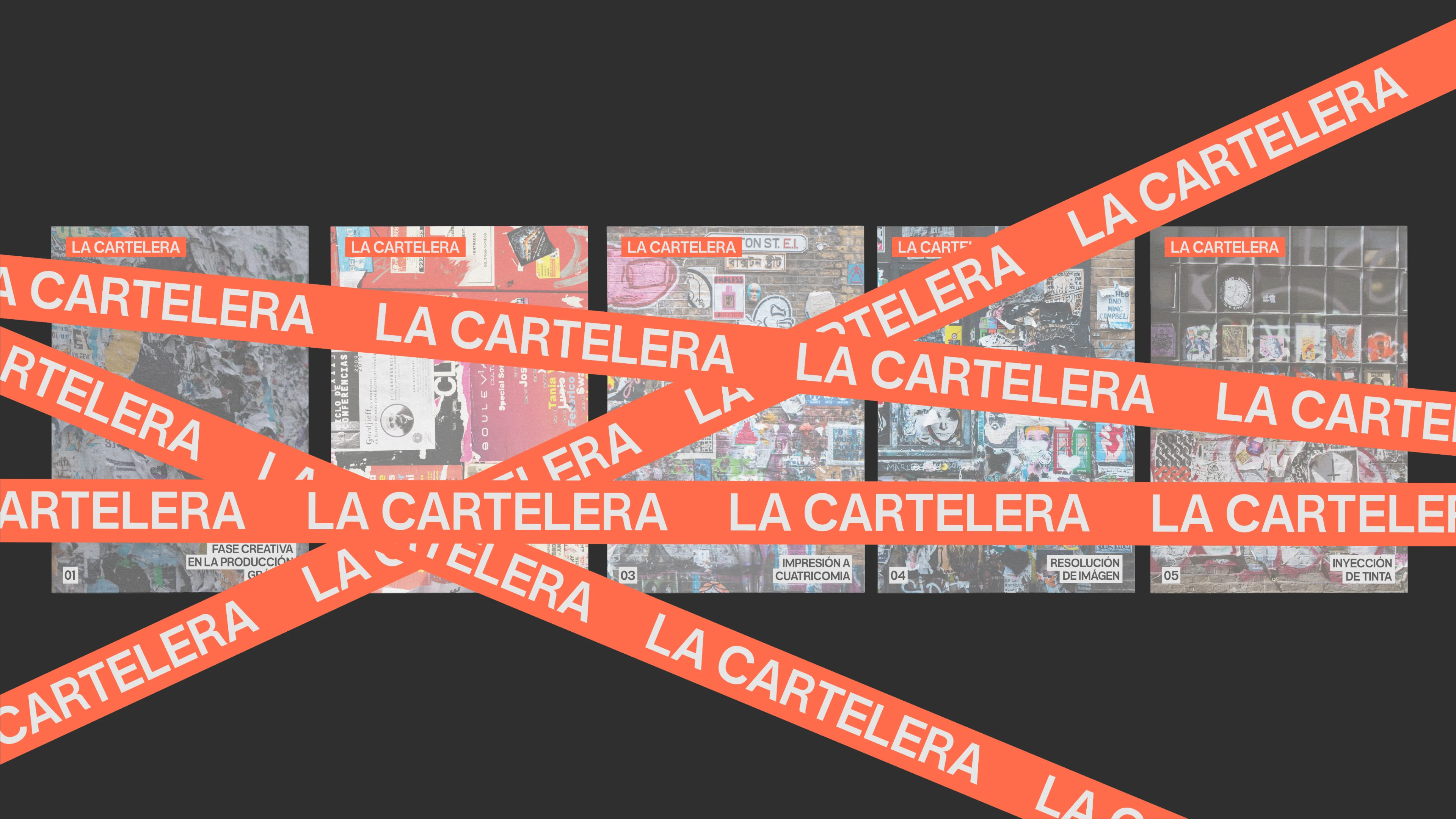 Portadas de fanzines estilo carteles callejeros con cintas naranjas y el logotipo “LA CARTELERA”