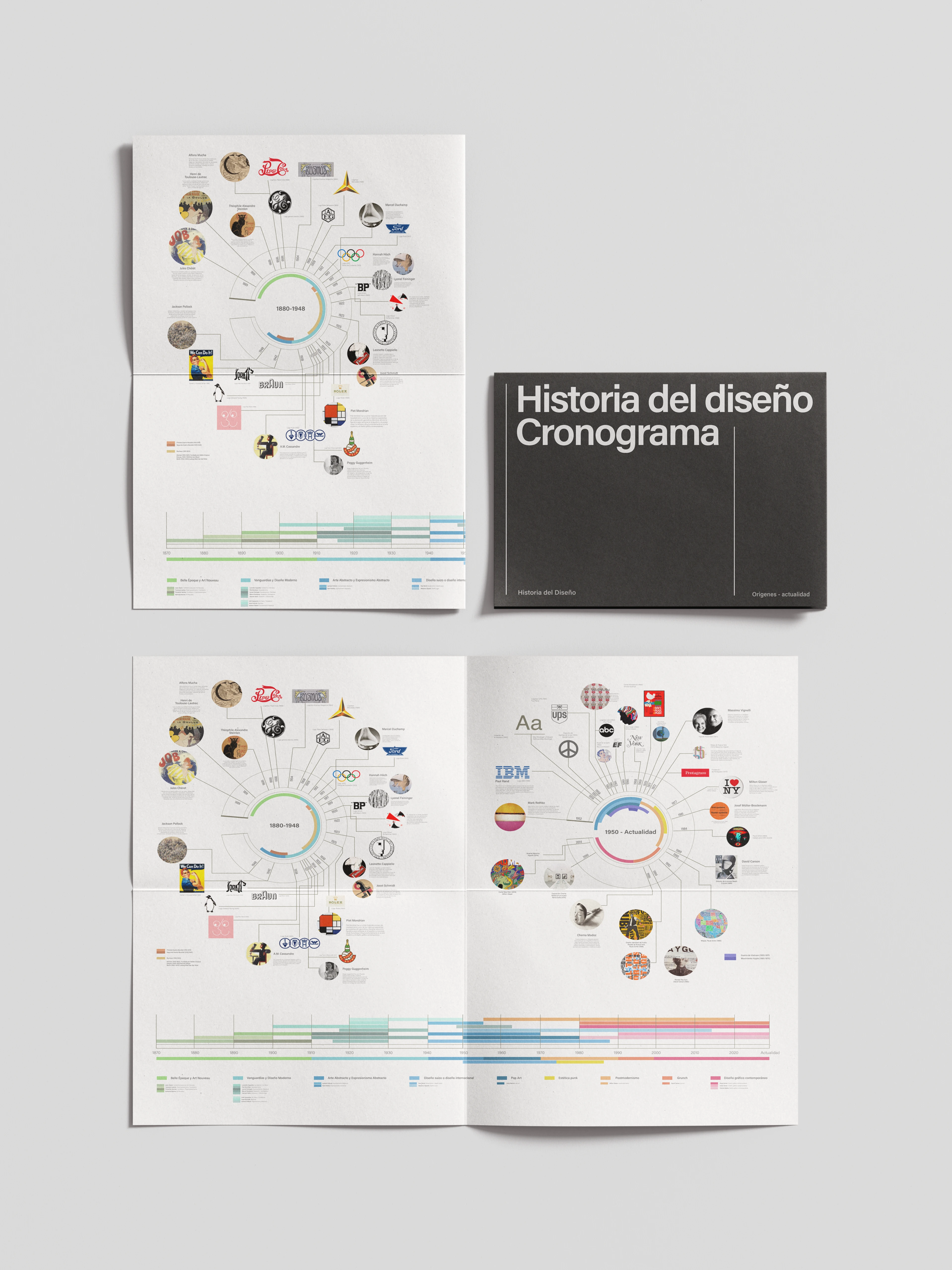 Folleto abierto y cerrado con líneas, círculos y colores sobre fondo claro