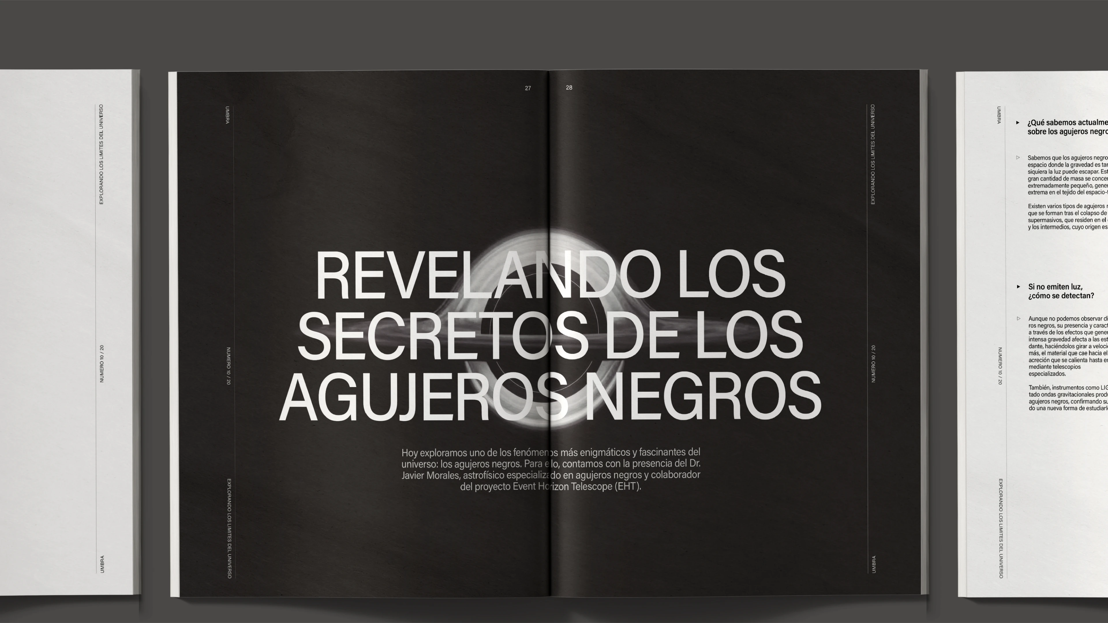 Vista superior de una revista con imagen en blanco y negro y el texto “REVELANDO LOS SECRETOS DEL UNIVERSO”