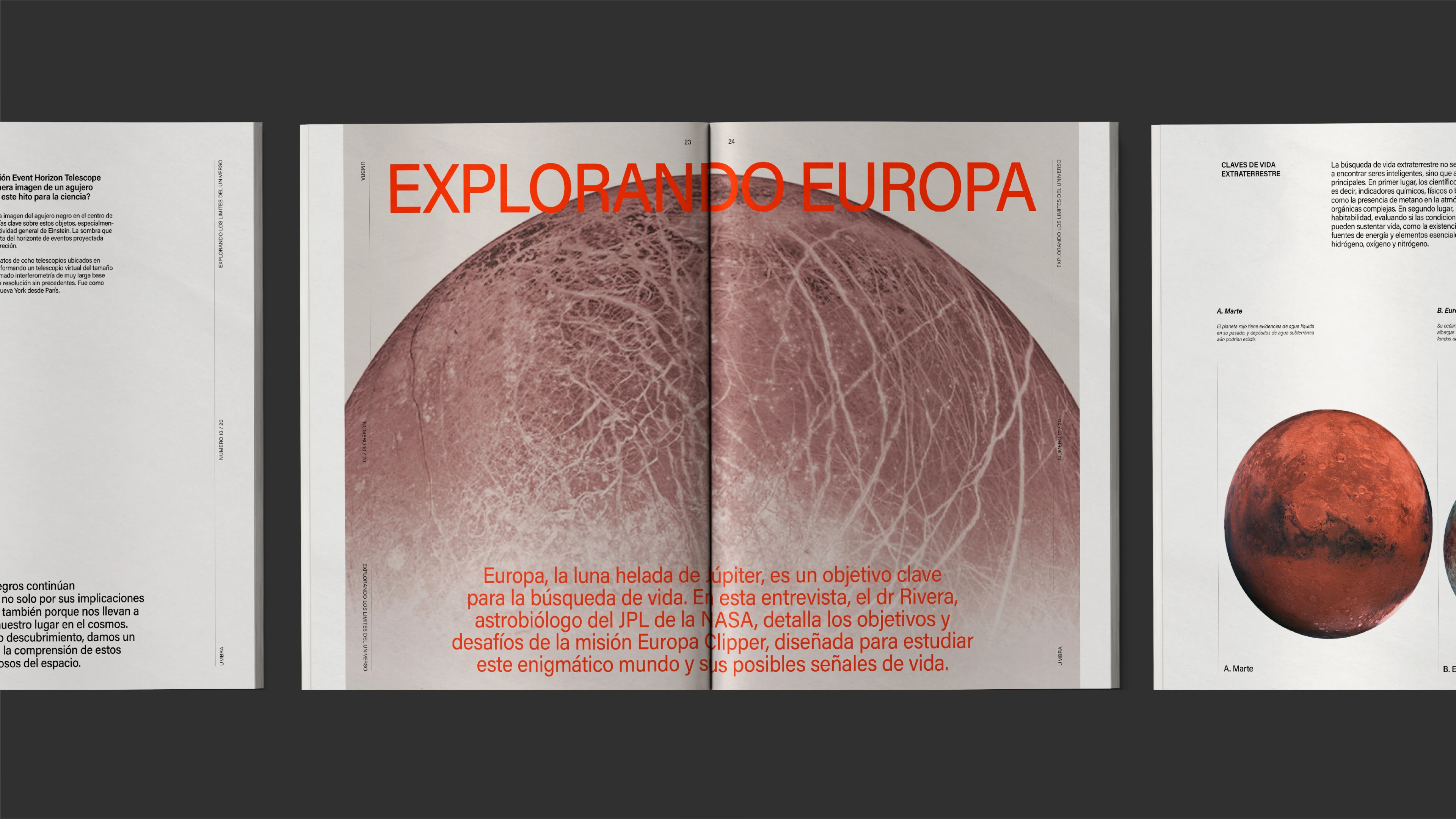 Pliego de revista con fondo negro, planeta rojo y tipografía naranja